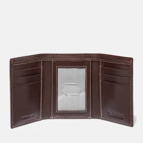Portefeuille à trois volets en cuir lisse pour homme, couleur marron